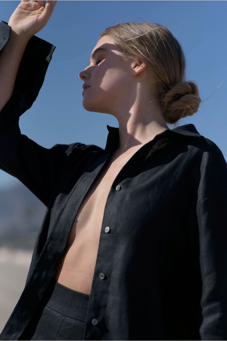 Mia Linen Twill Oversized Shirt, Alternate, color, Black