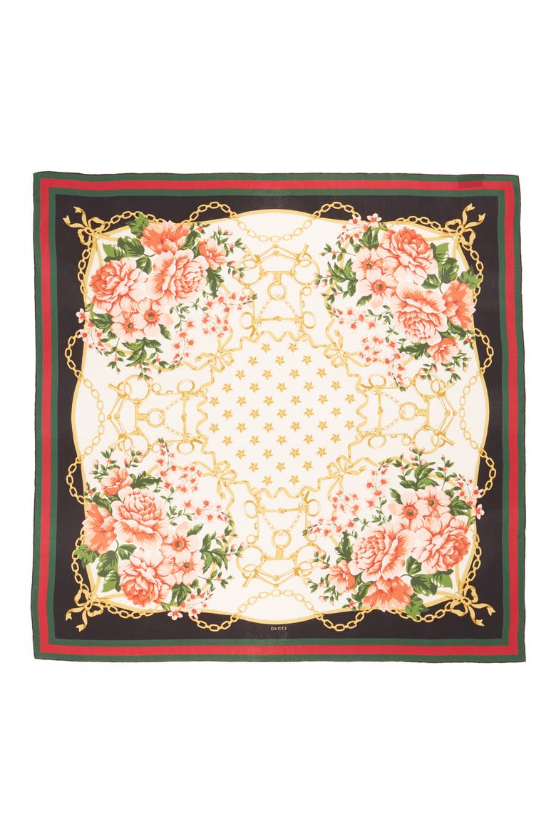 Rose Chain Foulard Silk Twill Scarf, Alternate, color, CREAM/ BLK
