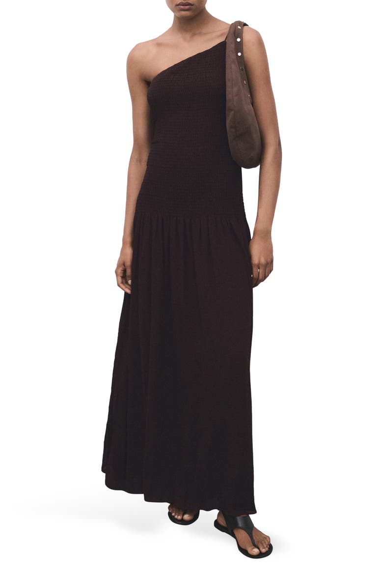 Asymmetric Smocked One-Shoulder Midi Dress, Main, color, CHOCOLATE