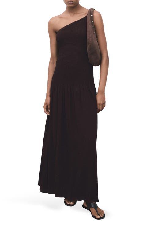 Asymmetric Smocked One-Shoulder Midi Dress