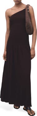 MANGO Asymmetric Smocked One-Shoulder Midi Dress