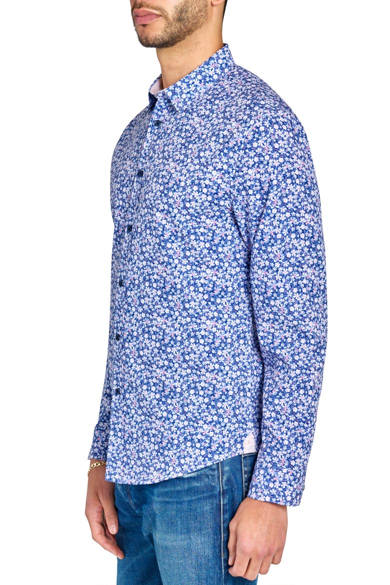 Slim Fit Mini Floral Recycled 4-Way Stretch Performance Long Sleeve Shirt, Alternate, color, WHITE/BLUE