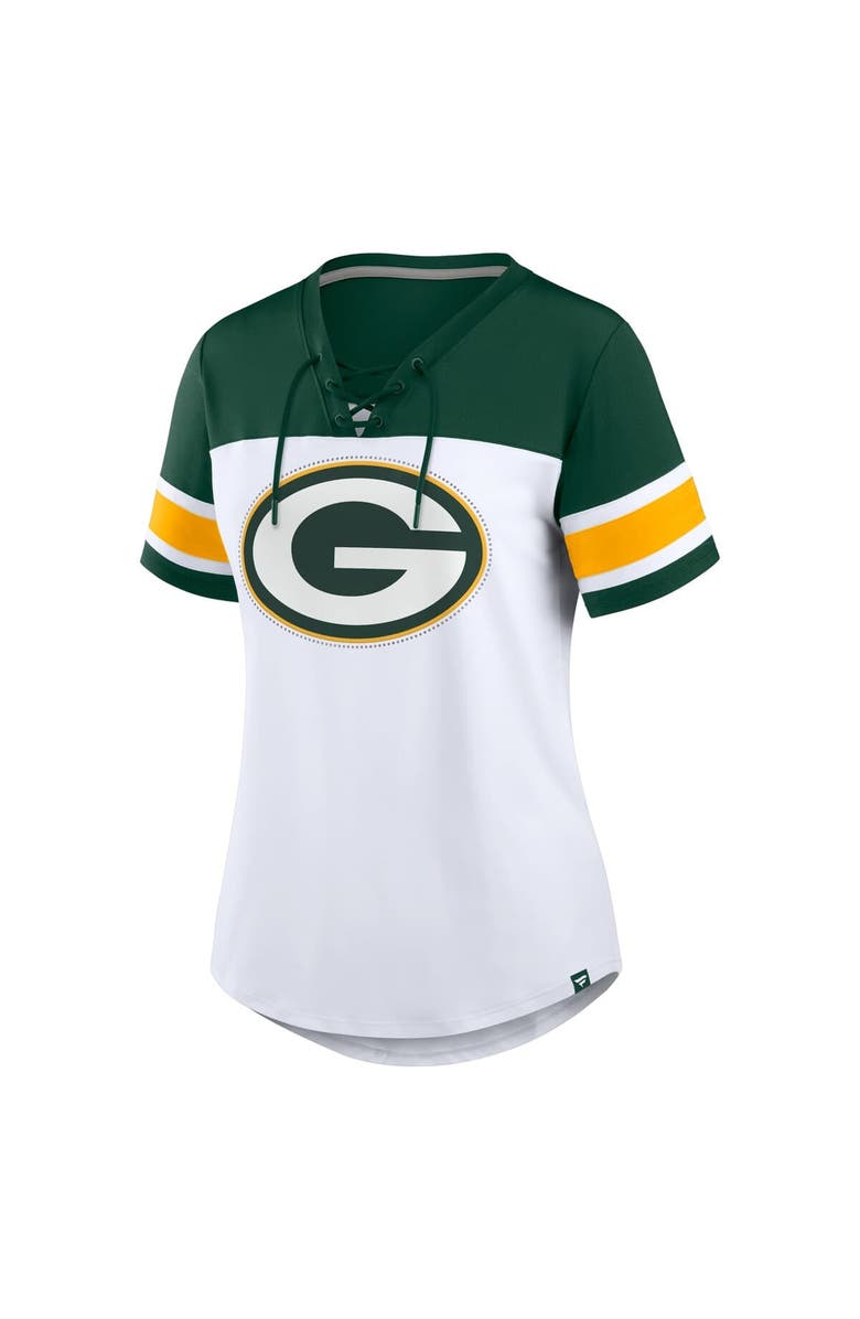 FANATICS Women's Fanatics White/Green Green Bay Packers Athena Rhinestone Lace-Up V-Neck T-Shirt, Alternate, color, White