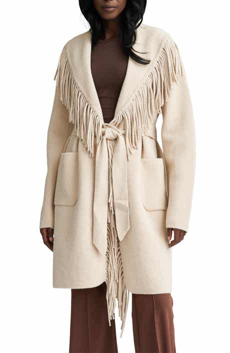 Fringe Shawl Collar Wrap Coat