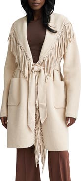 NVLT Fringe Shawl Collar Wrap Coat