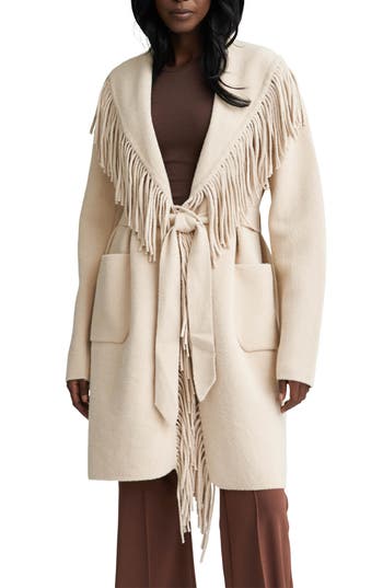 Nvlt Fringed Eyelash Knit Sweater Coat In White