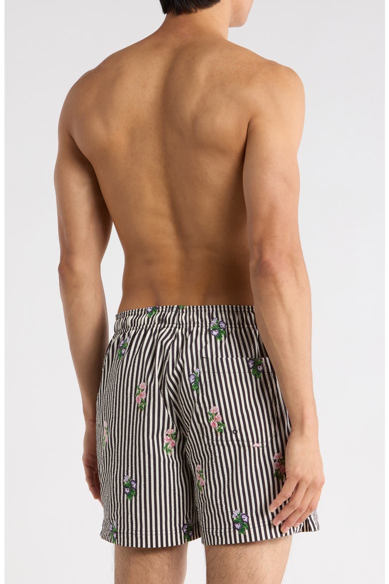 Bouquet Embroidered Stripe Swim Trunks, Alternate, color, BLACK/ WHITE