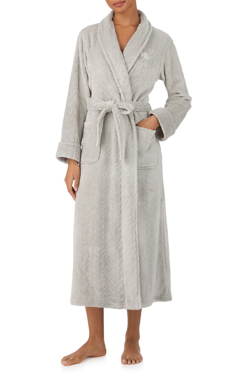 Lauren Ralph Lauren Fleece Monogram Robe, Main, color, Grey