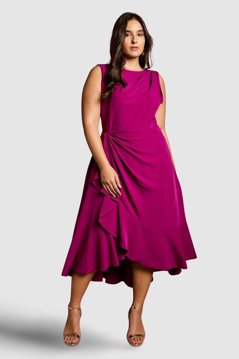 Plus Crepe Ruffle Midi Dress, Main, color, Berry