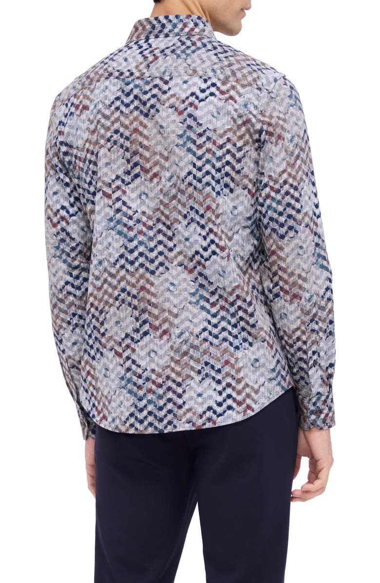 Bugatchi Axel Shaped Fit Floral Chevron Print Stretch Button-Up Shirt, Alternate, color, Caramel