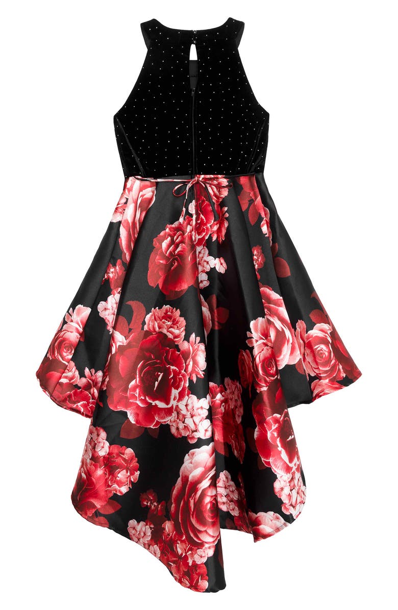 Speechless Kids' Dew Drop High-Low Velvet Party Dress, Alternate, color, Black Red