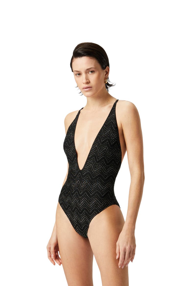 V-neck Zig Zag Lamé Viscose One-piece Swimsuit, Main, color, Black & Lamé