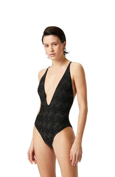 V-neck Zig Zag Lamé Viscose One-piece Swimsuit