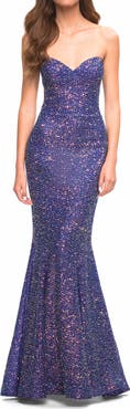 La Femme Unique Long Sequin Strapless Gown with Sweetheart Top