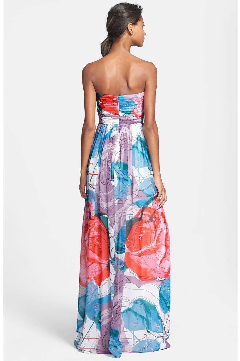 'Laura' Print Strapless Sweetheart Chiffon Gown, Alternate, color, TAFFY