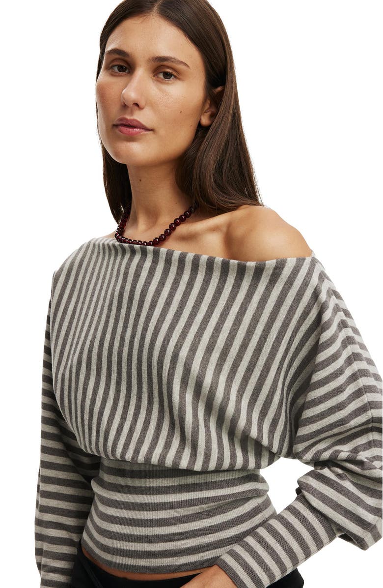 Cotton On Women's Everfine Ls Batwing Knit, Alternate, color, Tonal Grey Stripe