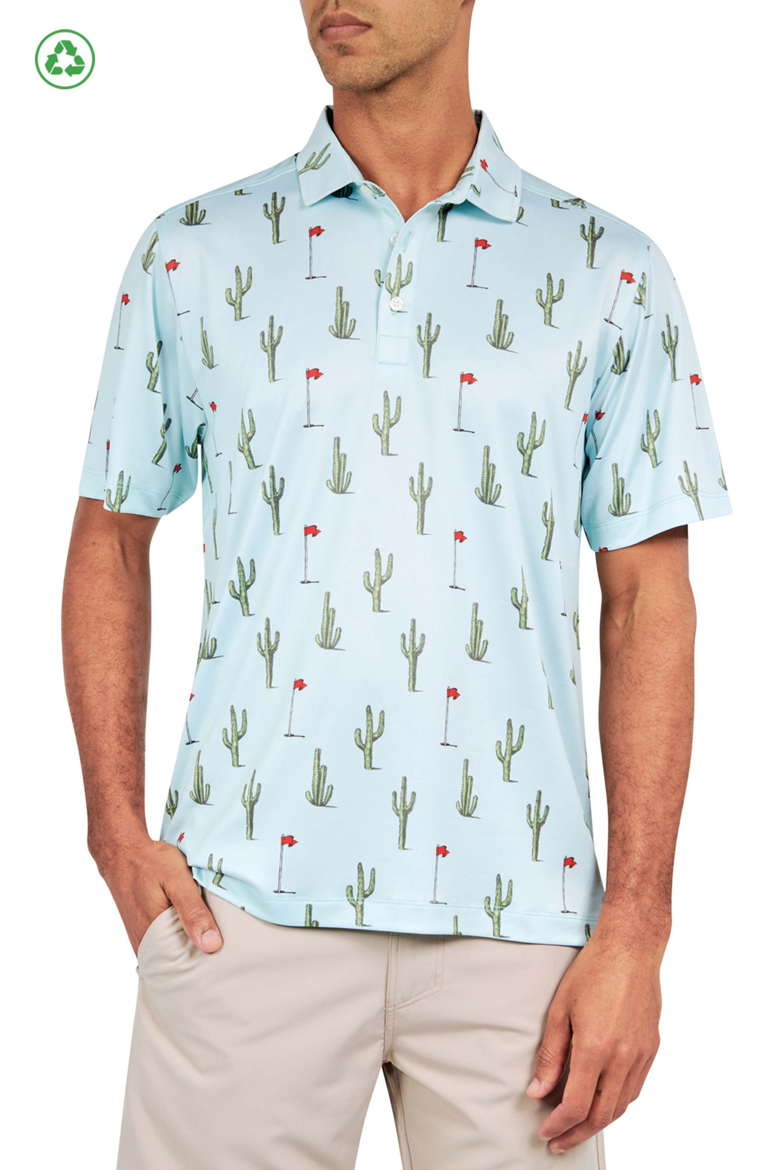 CONSTRUCT Regular Fit Cactus Print Recycled Performance Golf Polo in Aqua 