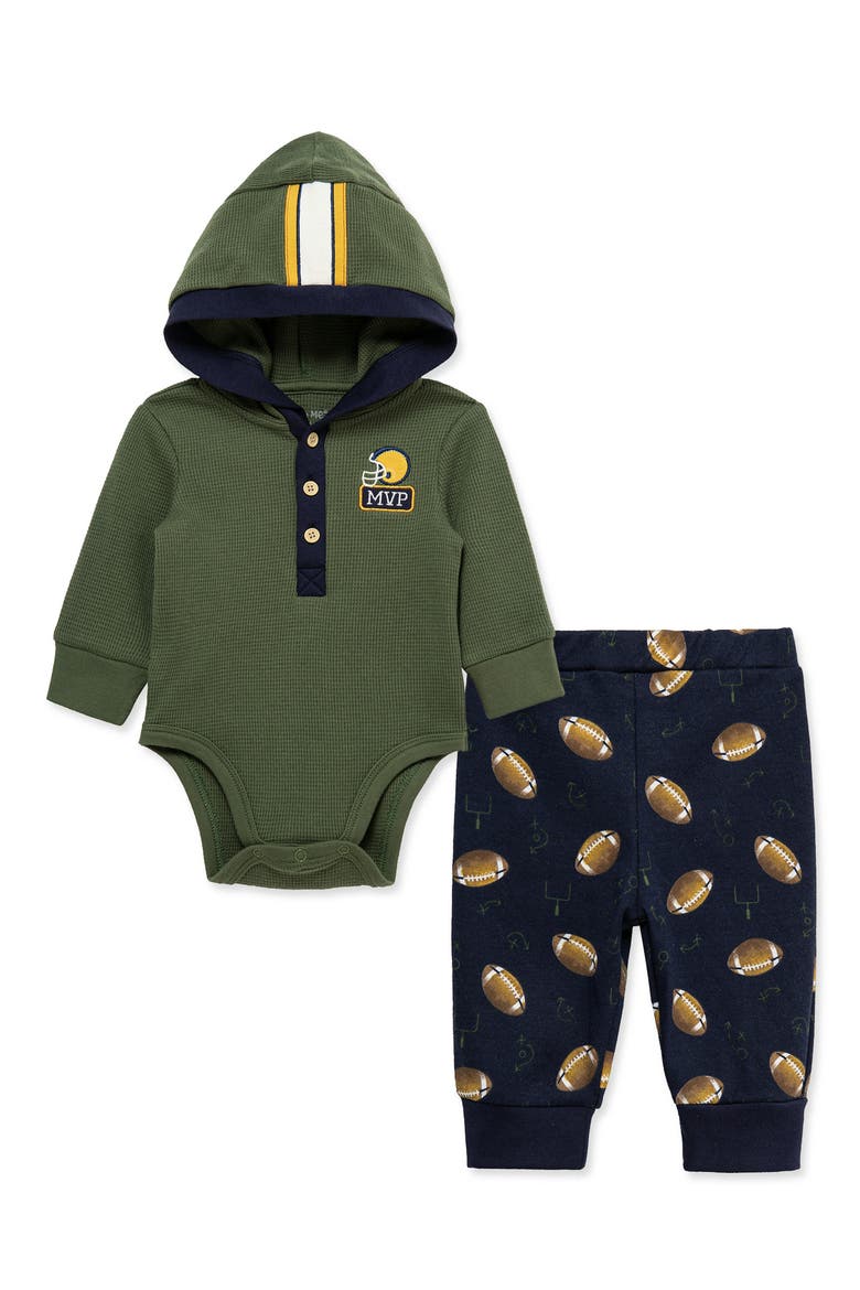 Kids' Football Hooded Bodysuit & Pants Set, Alternate, color, BLUE/ GREEN