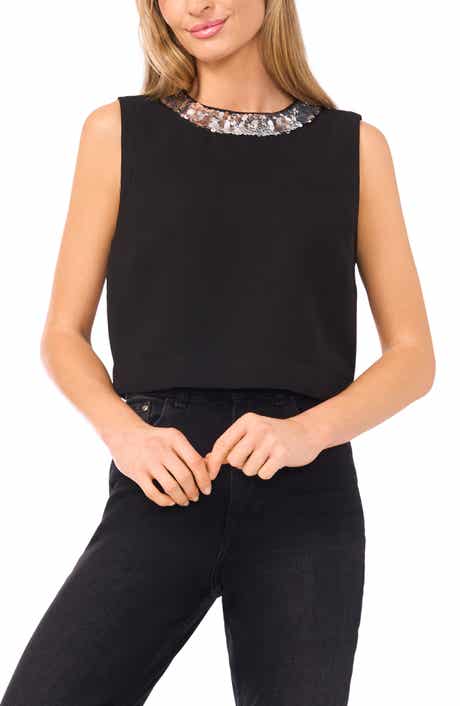 CeCe Sequin Paillette Collar Crepe Tank