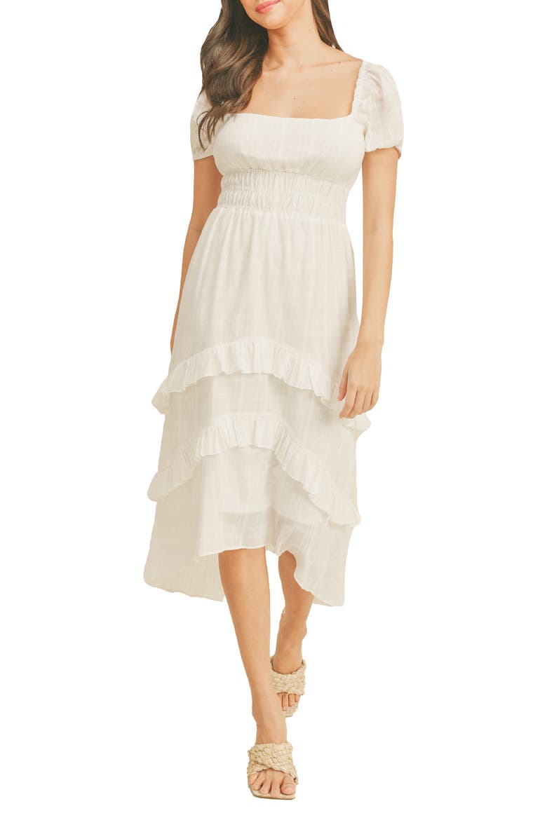 Tiered Smocked Waist Cotton Midi Dress, Main, color, WHITE