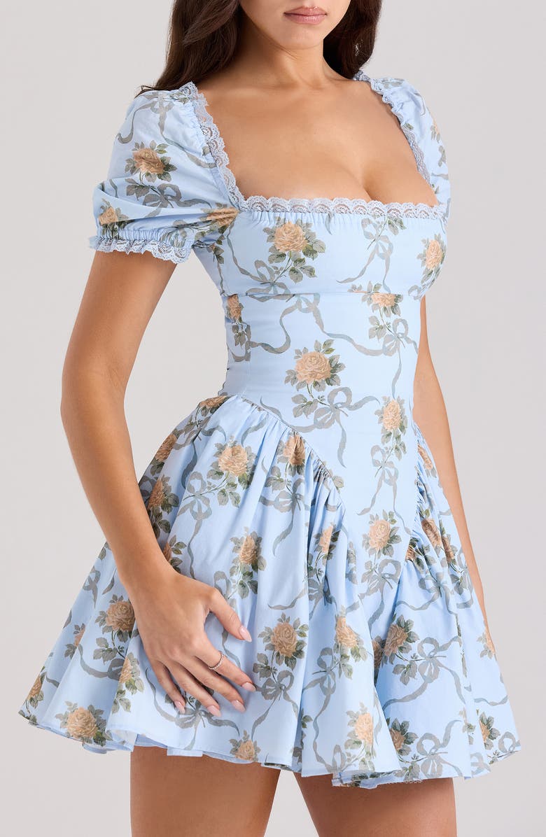 HOUSE OF CB Rosie Puff Sleeve Stretch Cotton Mini Sundress, Alternate, color, Yellow Rose Blue