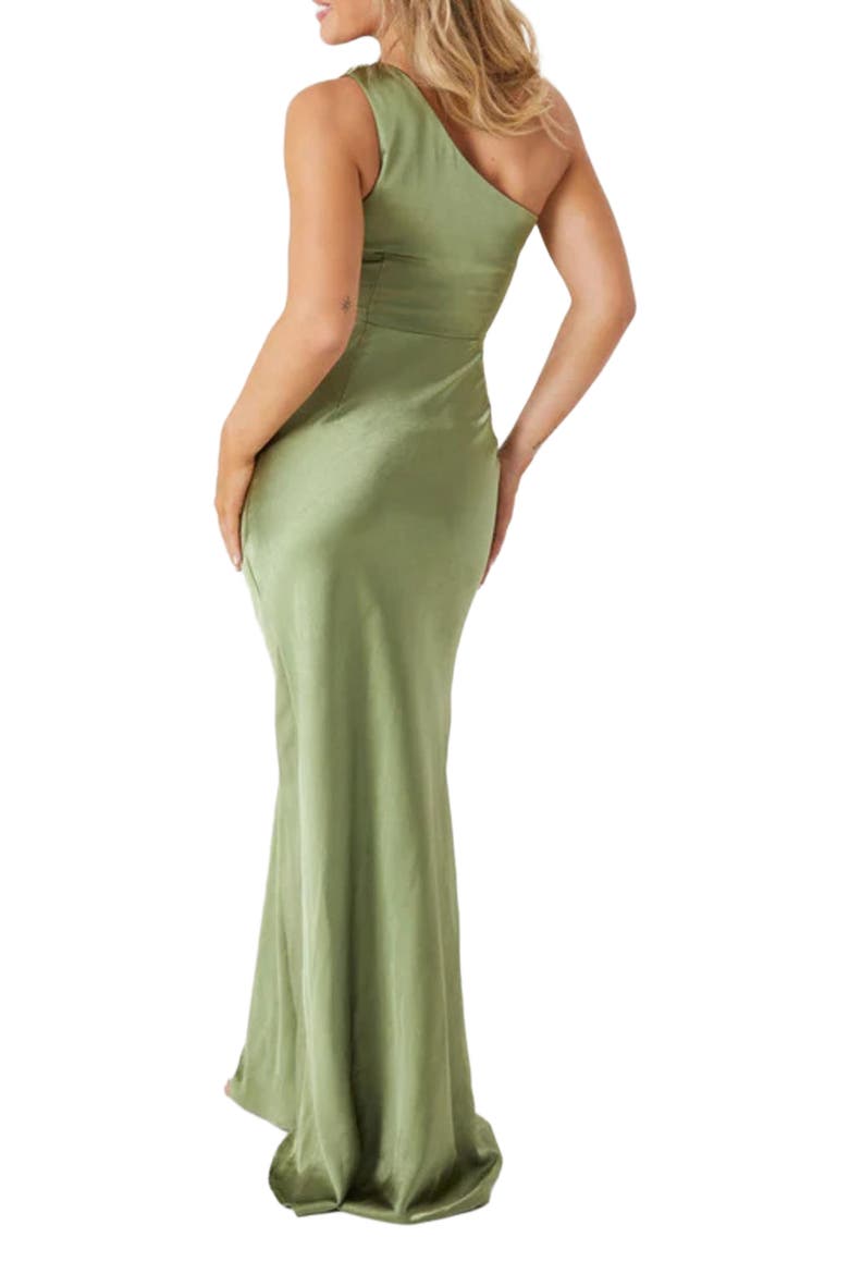 One Shoulder Satin Bridesmaid Dress, Alternate, color, Moss Green