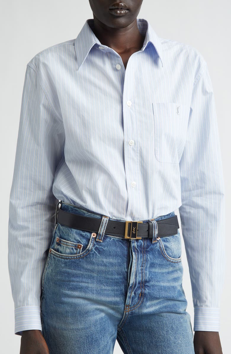 Saint Laurent Cassandre Logo Leather Belt, Alternate, color, Black