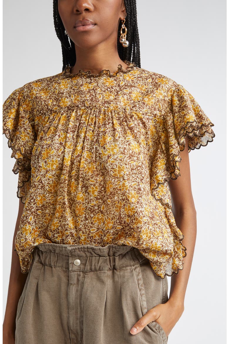 Daliyane Floral Ruffle Detail Cotton Top, Alternate, color, KHAKI
