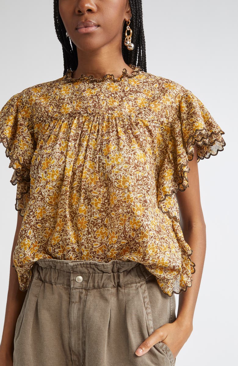 Isabel Marant Étoile Daliyane Floral Ruffle Detail Cotton Top, Alternate, color, Khaki