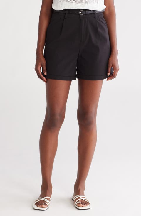 Belted Pleated Front Stretch Cotton Shorts