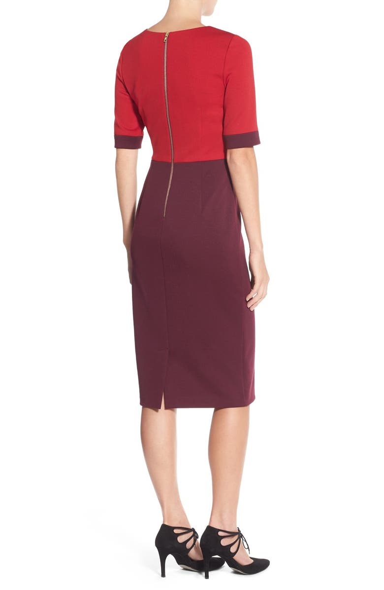 Maggy London Colorblock Scuba Midi Dress, Alternate, color, Persian Red/ Dried Cherry