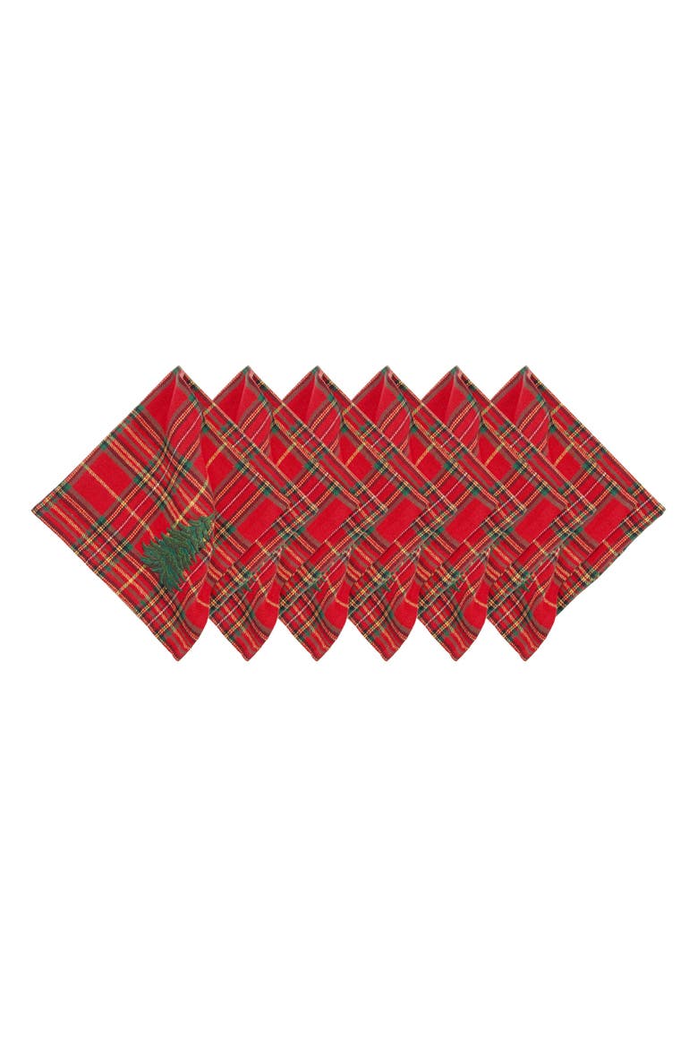 Spruce Tree Embroidery on Plaid Set of 6 Cloth Napkins, Main, color, Red