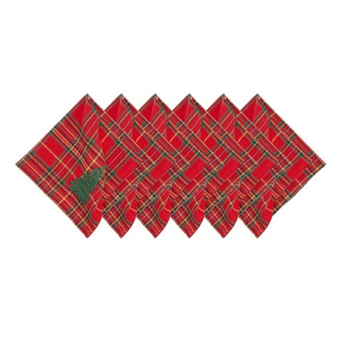 Spruce Tree Embroidery on Plaid Set of 6 Cloth Napkins