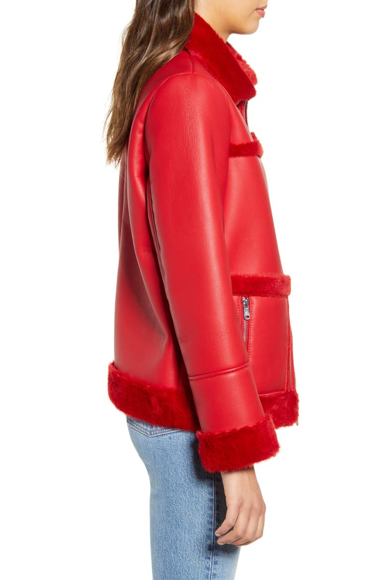 Faux Fur Trim Faux Leather Jacket, Alternate, color, RED