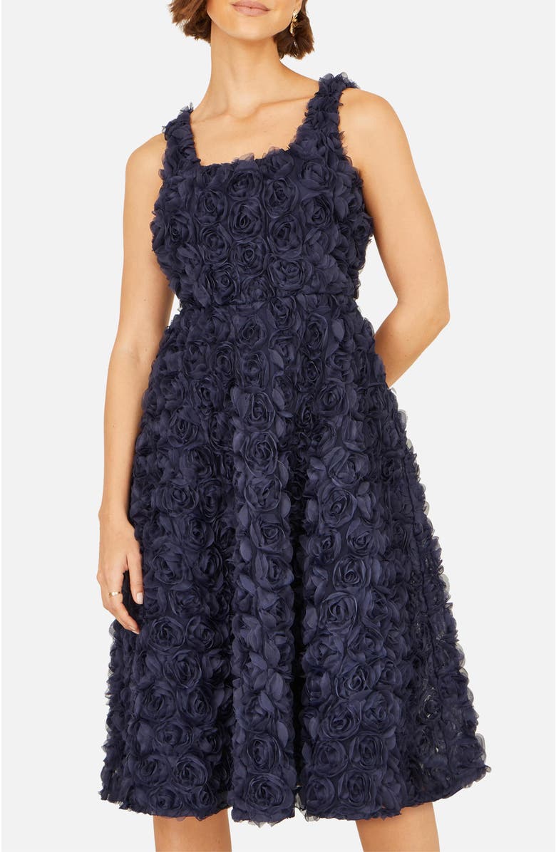 Yumi Applique Floral Skater Dress, Alternate, color, Navy