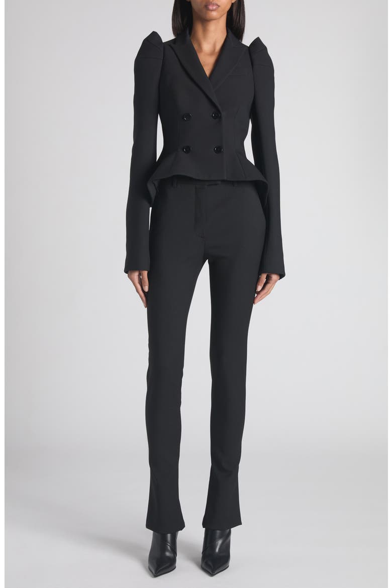 Pleated Puff Shoulder Stretch Wool Crop Jacket, Alternate, color, BLACK