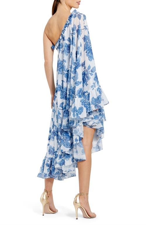 Mac Duggal One-shoulder Asymmetrical Midi Cape Dress In White Multi