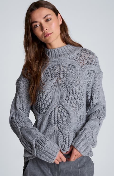 Oversized Cable Knit Mock Neck Sweater