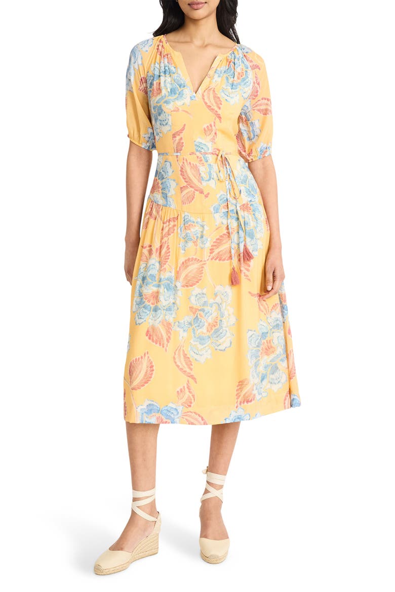 Split Neck Midi Dress, Main, color, YELLOW/ BLUE