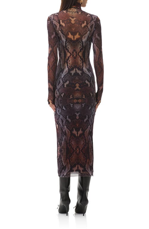 Afrm Shailene Print Long Sleeve Powermesh Body-con Midi Dress In Brown