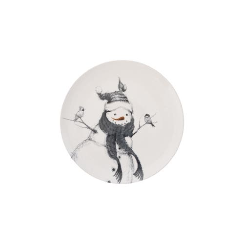 Storied Home Round Stoneware Serving Platter With Snowman And Birds Image, Black, White And Orange C In Black