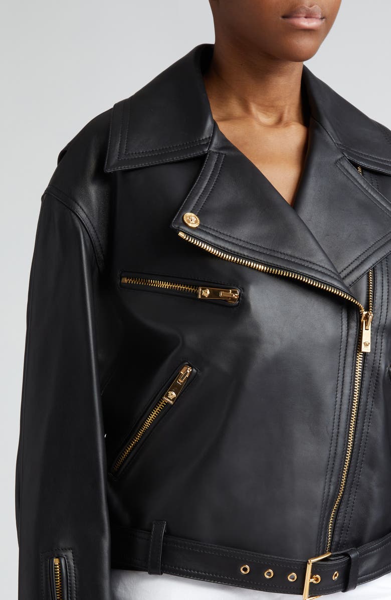 Versace Leather Biker Jacket, Alternate, color,