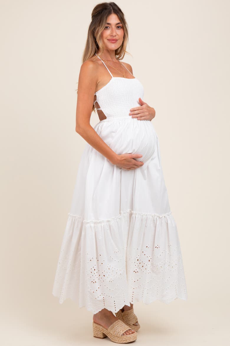Smocked Open Back Lace Hem Maxi Dress, Alternate, color, White