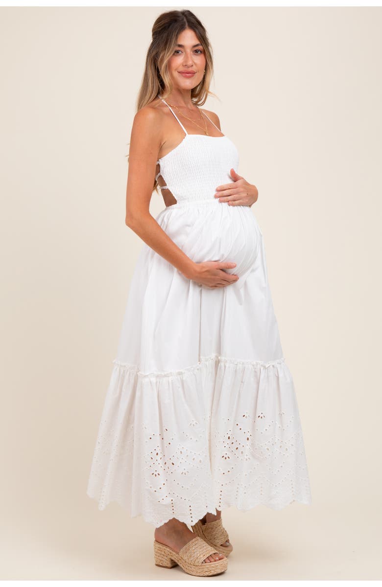 PinkBlush Smocked Open Back Lace Hem Maxi Dress, Alternate, color, White