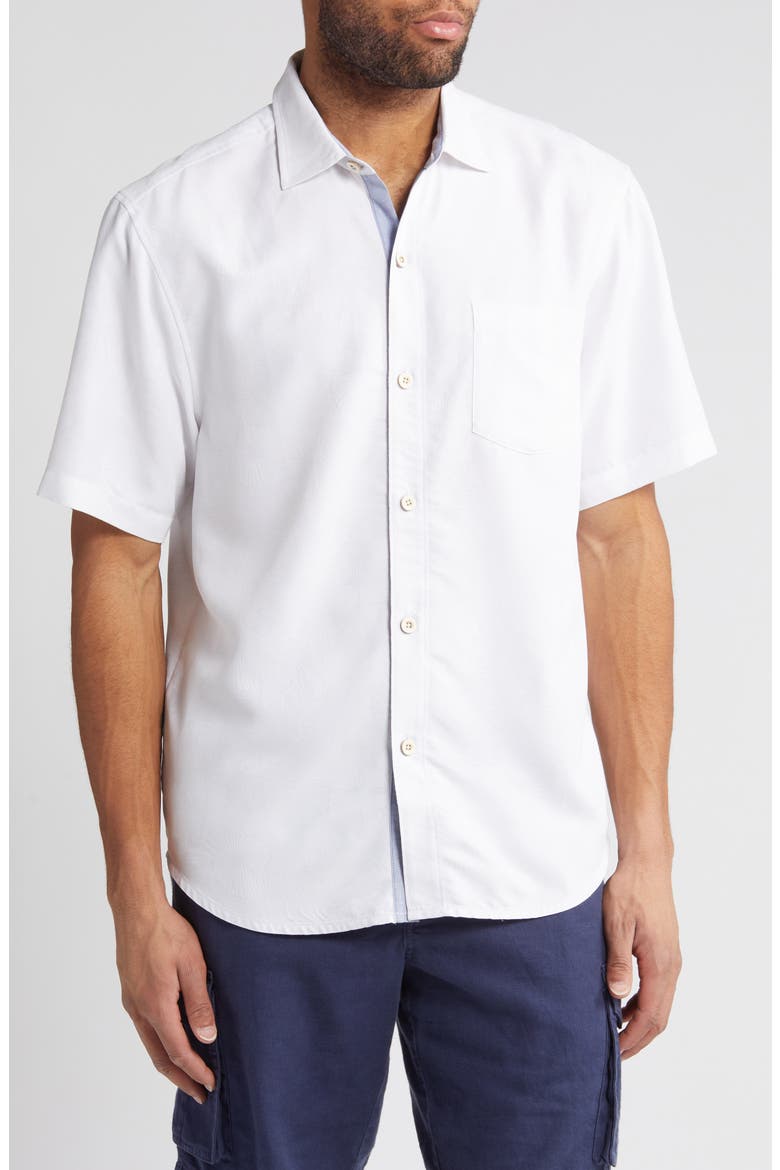 Coconut Point Keep it Frondly IslandZone® Short Sleeve Performance Button-Up Shirt, Main, color, WHITE