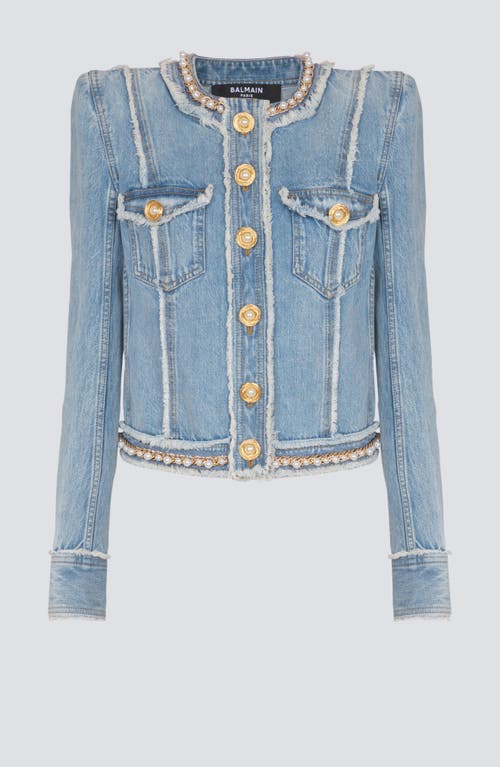 Balmain Faux Pearl-embellished Frayed Denim Jacket