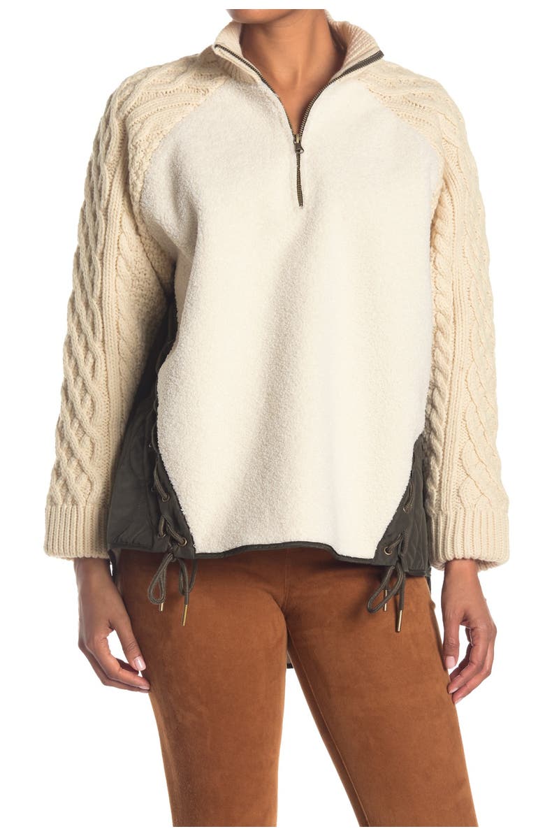 BOUNDLESS NORTH Eden Cable Knit Faux Shearling Quarter Zip Pullover, Main, color,
