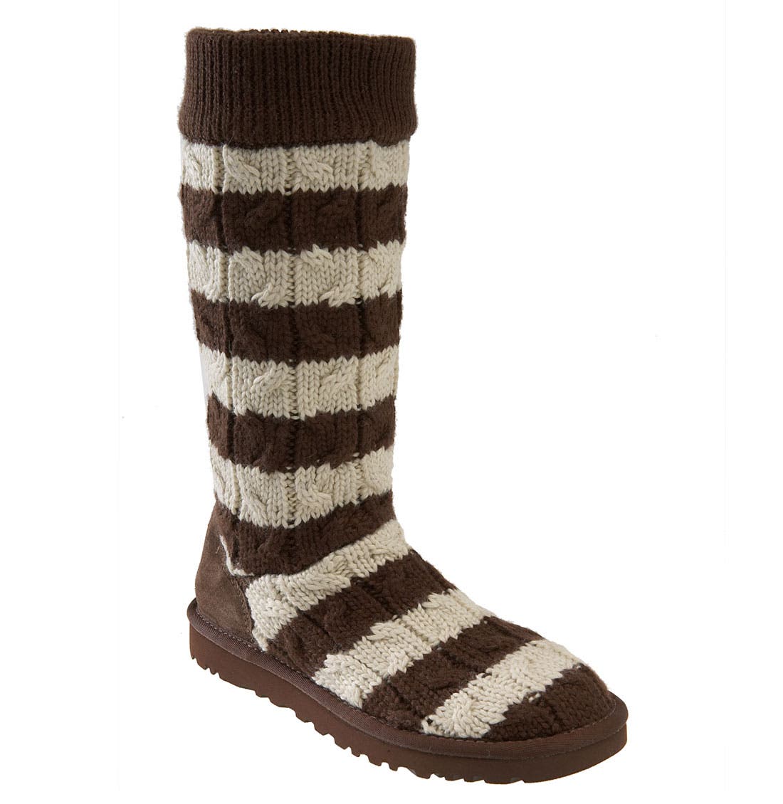 Australia 'Classic Tall' Stripe Cable Knit Boot, Main, color, CHOCOLATE/ CREAM