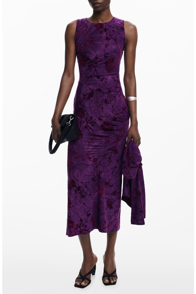 Floral Stretch Velvet Midi Dress, Main, color, MEDIUM PURPLE