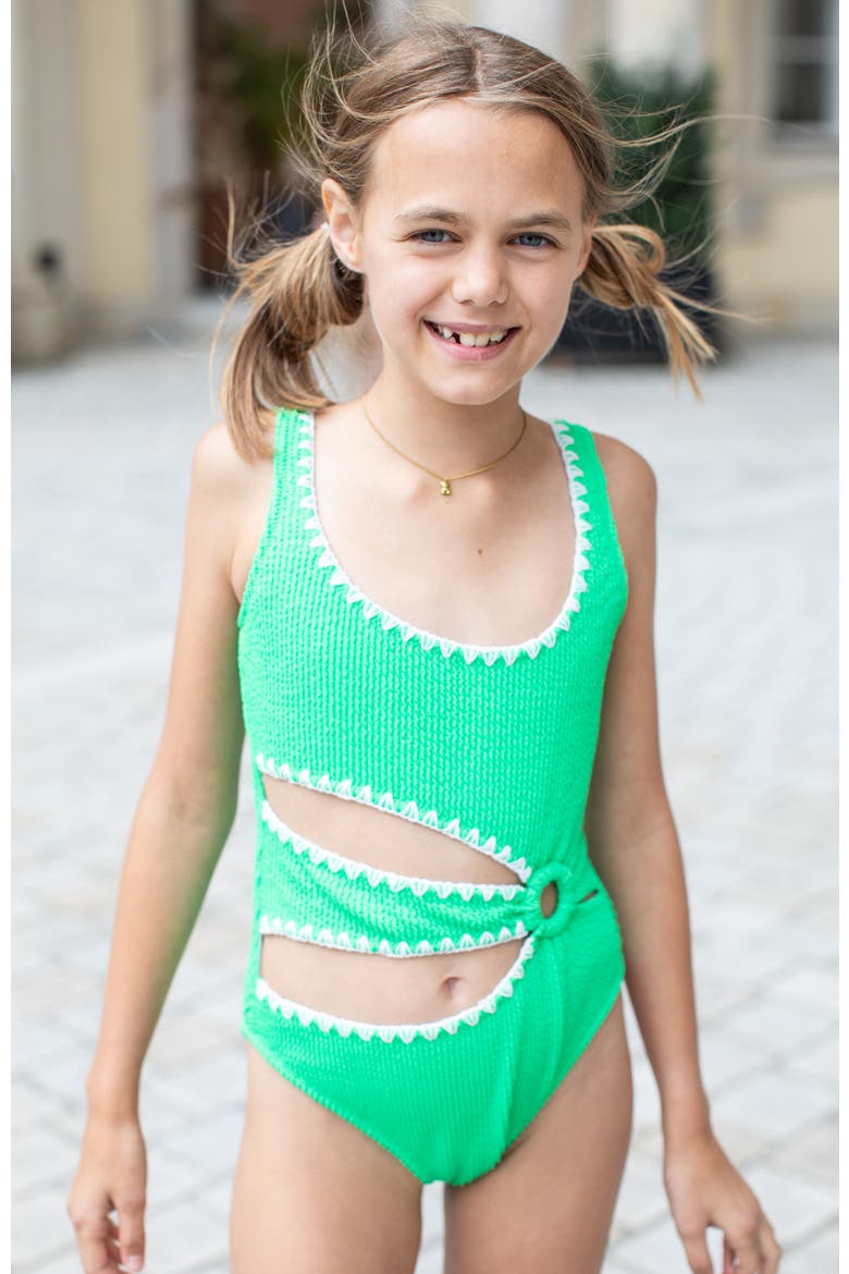 Textured Cutout Embroidery Edging with Ring-Detail One-Piece Swimsuit, Alternate, color, Green